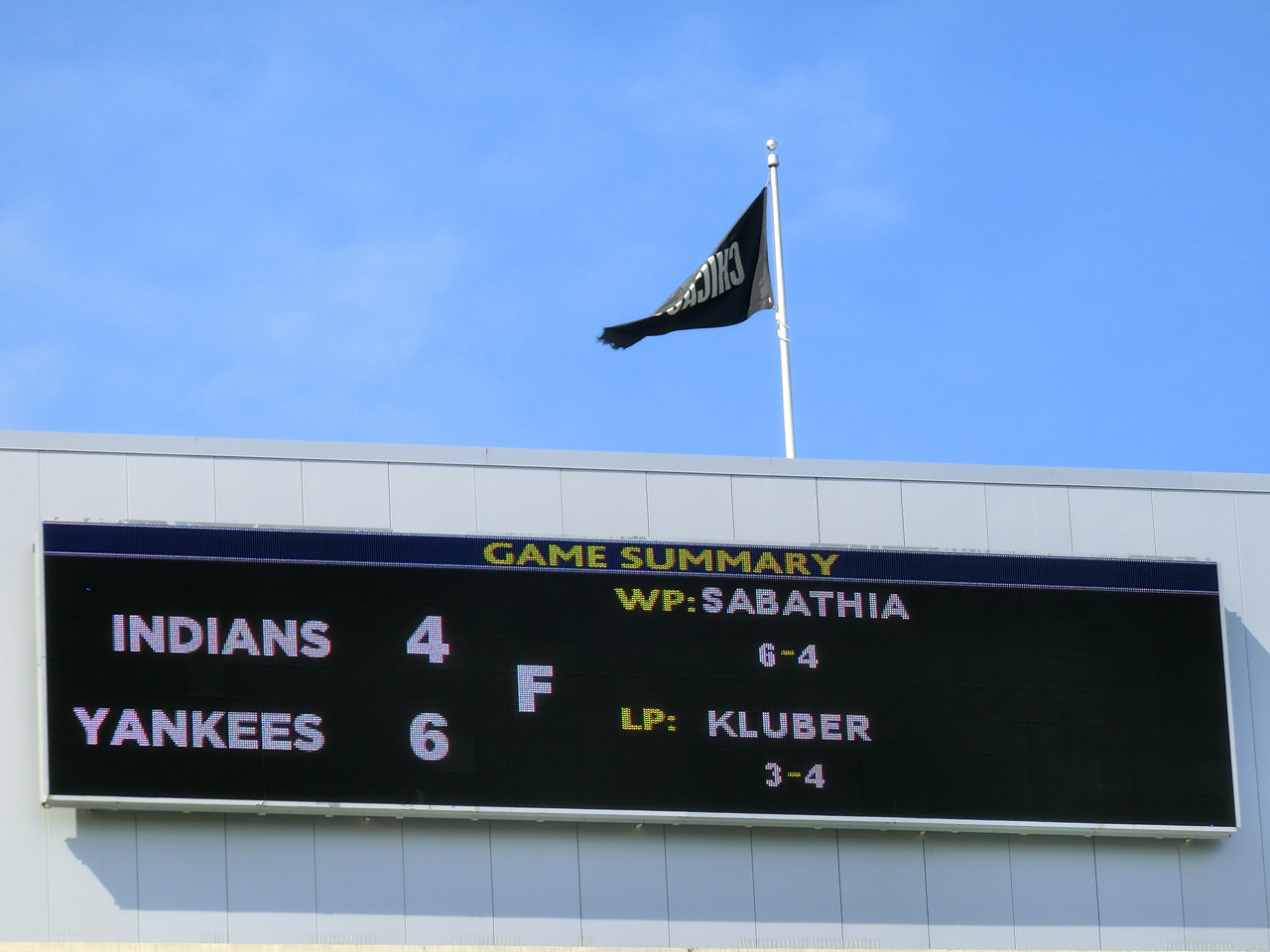 05. Juni 2013 - Endergebnis New York Yankees vs. Cleveland Indians: 6:4, Winning Pitcher: Sabathia, Losing Pitcher: Kluber
