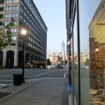 Blick von der Kreuzung Greene Street / Grand Street in Jersey City in Richtung World Trade Center One in New York City