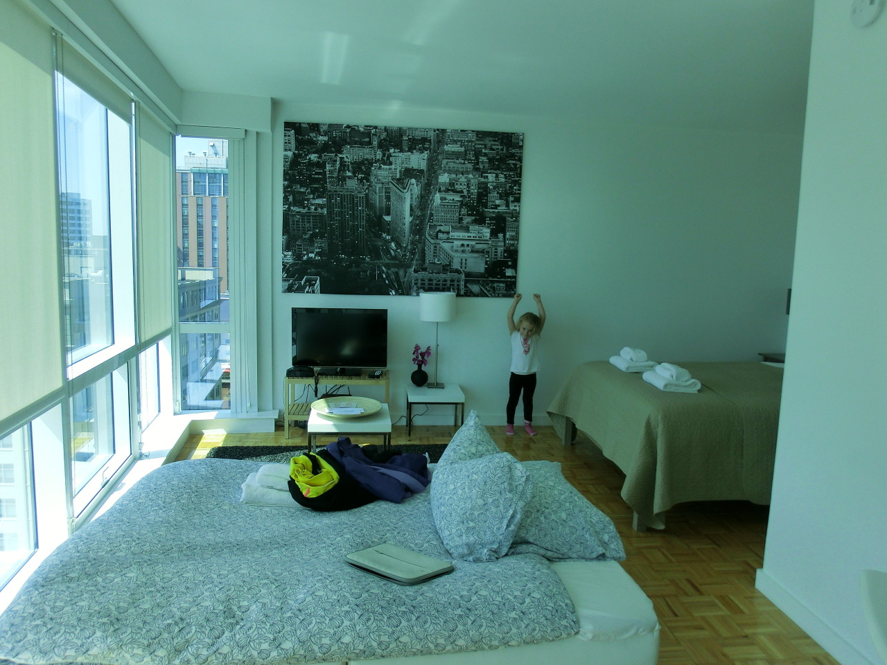 Wohn- und Schlafbereich mit ausgeklapptem Schlafsofa - Studio Suite - 70 Green Street - Dharma Home Suites