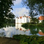 Blick durch Bäume auf das Schloss