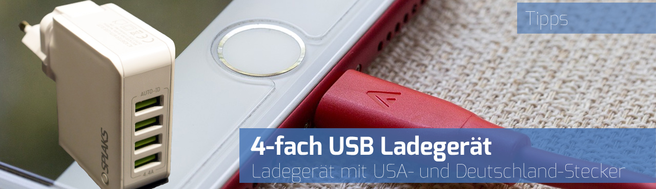 4-fach USB-Ladegerät mit USA- und Deutschland-Stecker